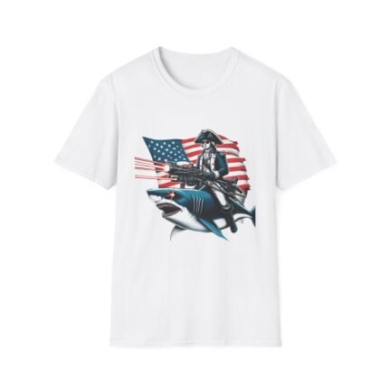 Revolutionary Ride: George Washington Riding a Laser Shark T-Shirt" T-Shirt - Buy Now at American Artist Merch