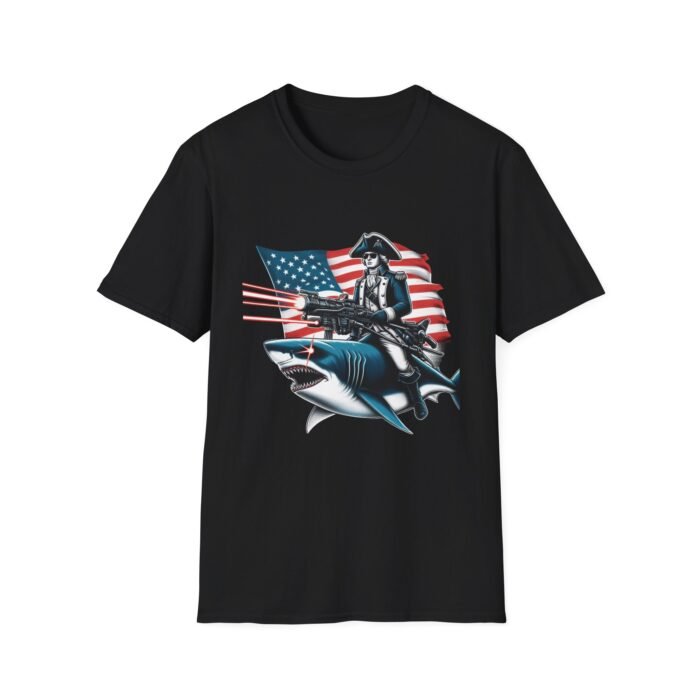 Revolutionary Ride: George Washington Riding a Laser Shark T-Shirt" T-Shirt - Buy Now at American Artist Merch