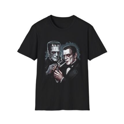 Dracula and Frankenstein Smoking T-Shirt - Classic Monsters Fan Apparel T-Shirt - Buy Now at American Artist Merch